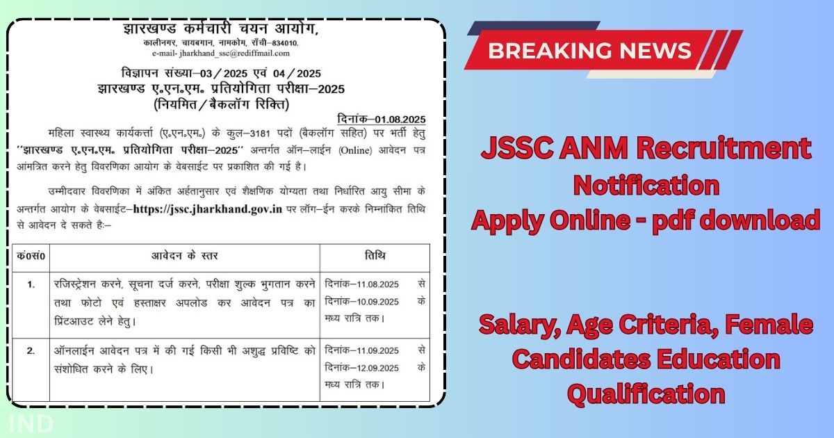 JSSC ANM Recruitment, Apply Online